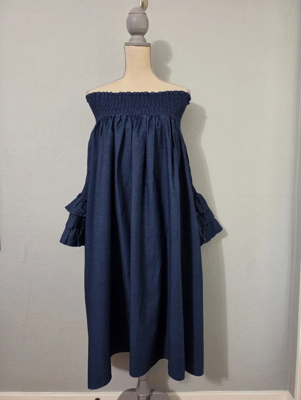 Elegant Navy Denim Off-Shoulder Dress with Ruffle Sleeves One Size